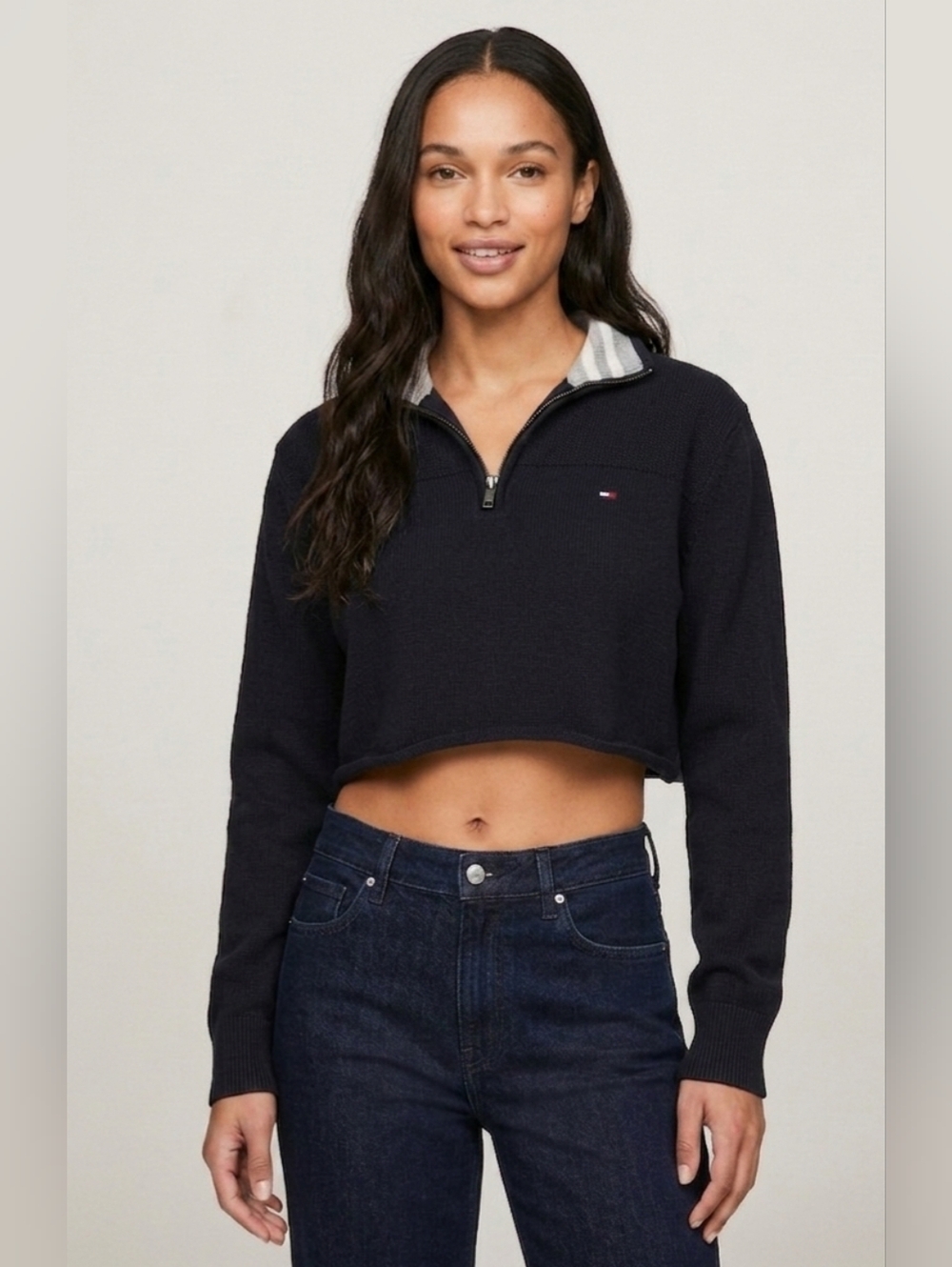 5 For $25✨️Tommy Hilfiger Medium Y2K Cropped Knit Black Collard Sweater Zip Up